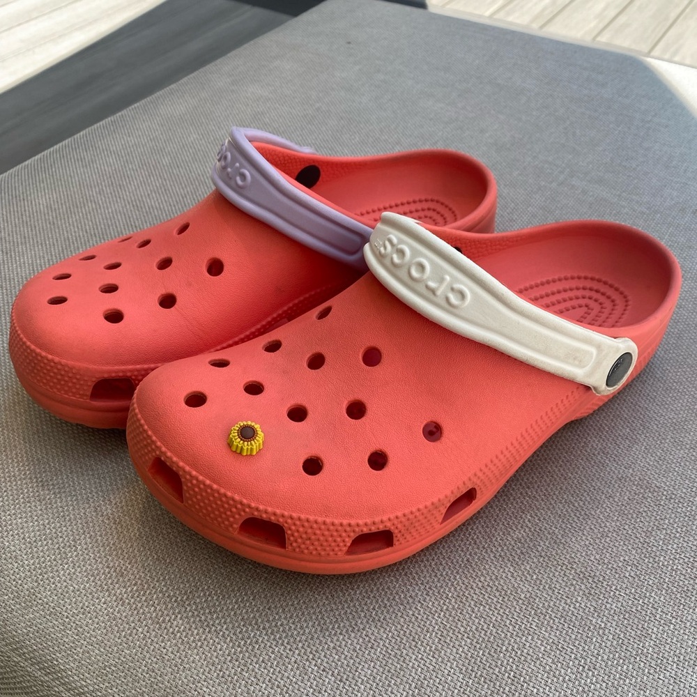 CROCS Peach Orange Clogs with White and Purple Straps Size M 7, W9